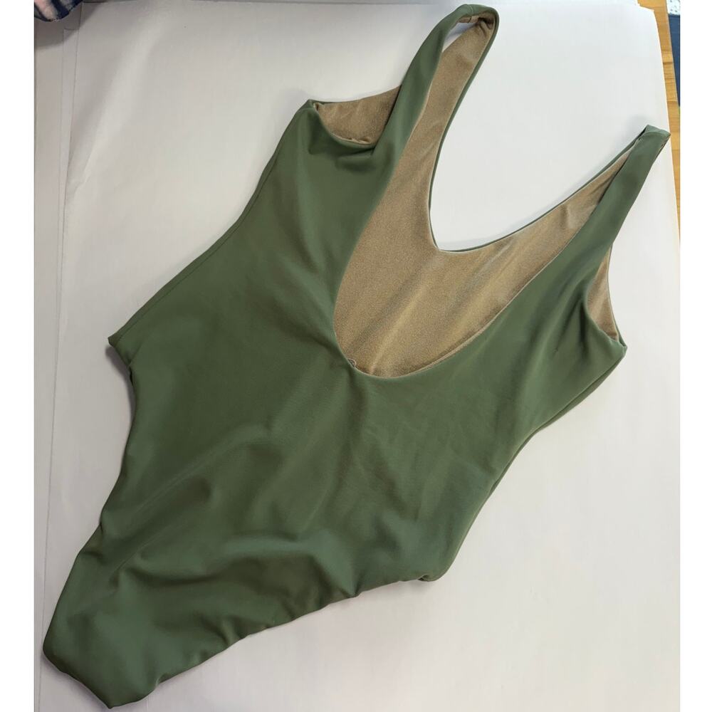 Women's Reversible One Piece Swimsuit Olive Green Gold Small S V Neck Low Back
